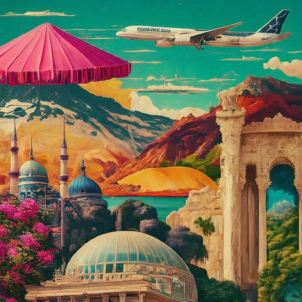 Collage of travel icons including passport, airplane, suitcase, beach, mosque, and historical building.