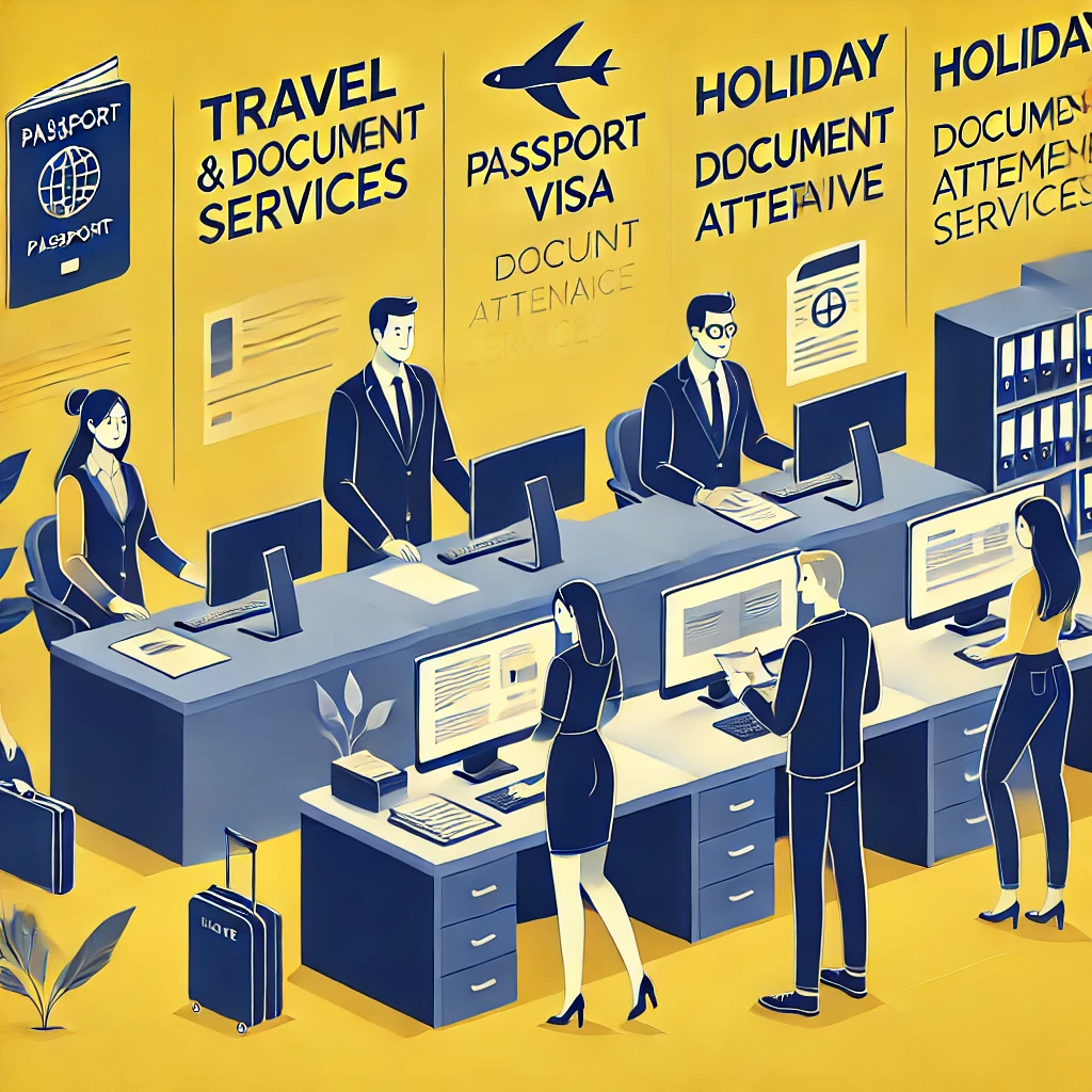 "Professional travel and document services office with staff members assisting clients, featuring elements like computers, documents, and a collaborative environment in yellow and dark blue brand theme."