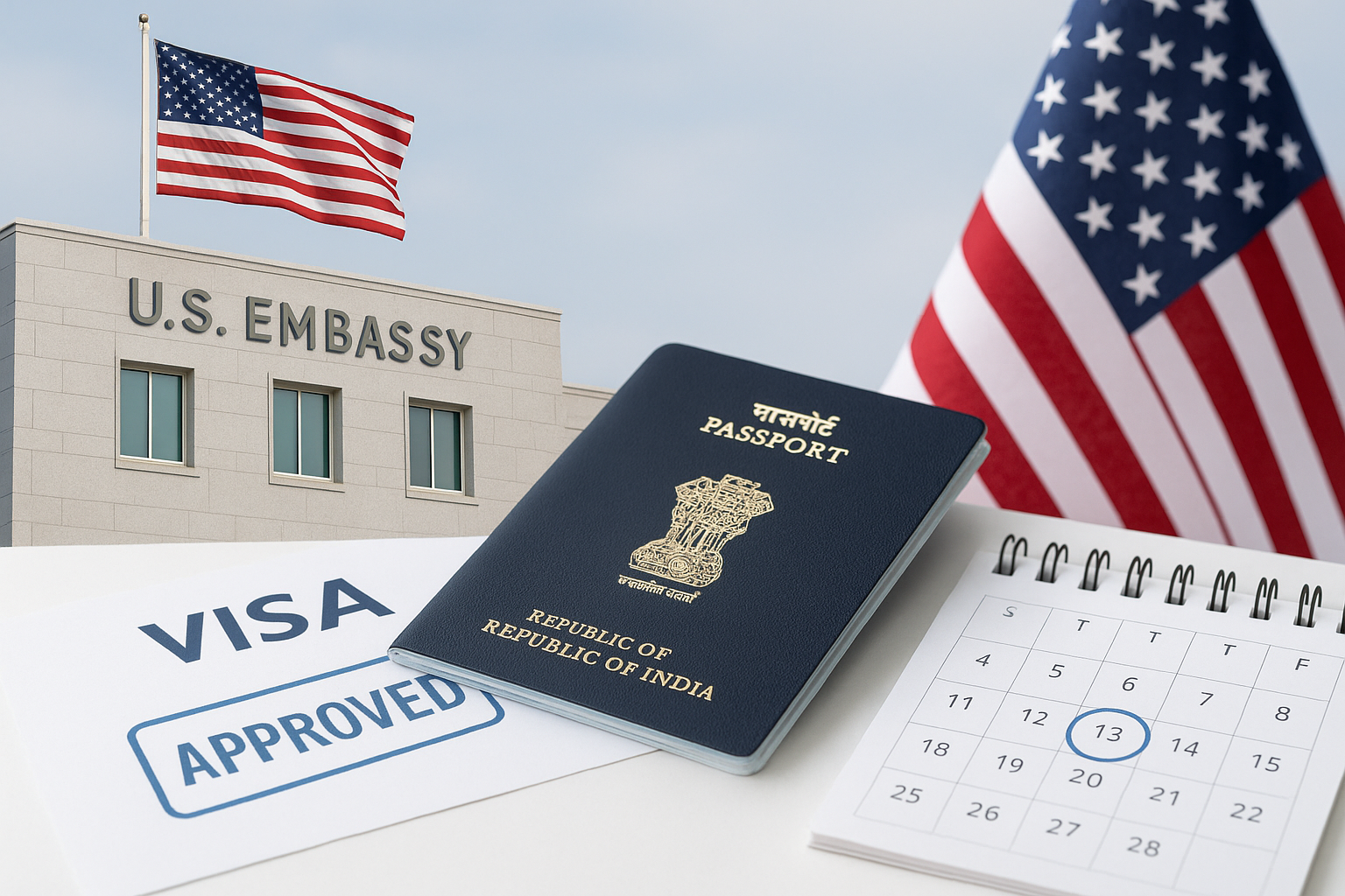 Indian passport and a US visa document stamped 'VISA APPROVED' in front of a US embassy building, signifying a successful US visa application process.