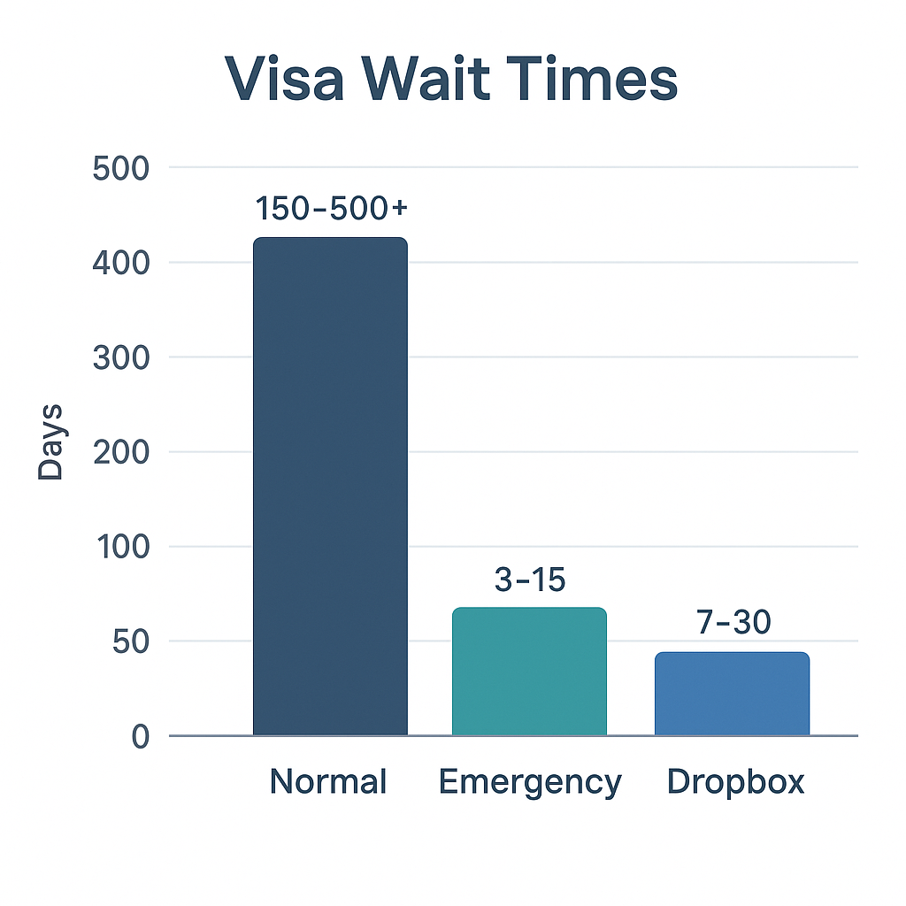 Bar graph illustrating average US visa appointment wait times by city and visa type (Visitor vs. Student) for 2025.
