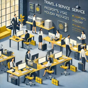 "Modern office environment with a team of travel and document service experts assisting clients with passports, visas, holiday packages, and document attestation, featuring yellow and dark blue brand colors."