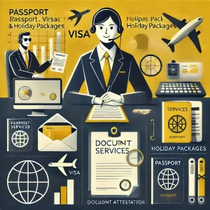 "Professional office environment with a staff member assisting clients in travel and document services, featuring passports, visas, documents, and a globe in a yellow and dark blue brand theme."