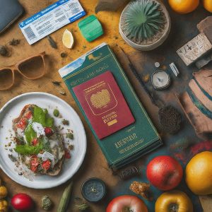 A vibrant collage showcasing passports, visas, boarding passes, hotel bookings, and documents with stamps, arranged in a visually appealing composition.